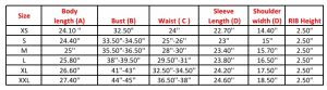 women's hoodie size chart